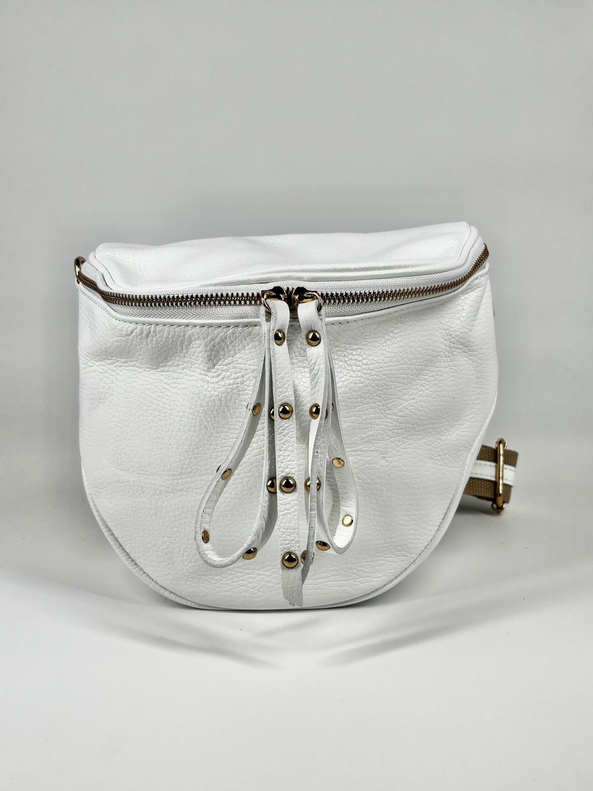 Borsa in vera pelle con borchie dorate modello marsupio - Bianco