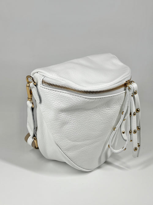Borsa in vera pelle con borchie dorate modello marsupio - Bianco