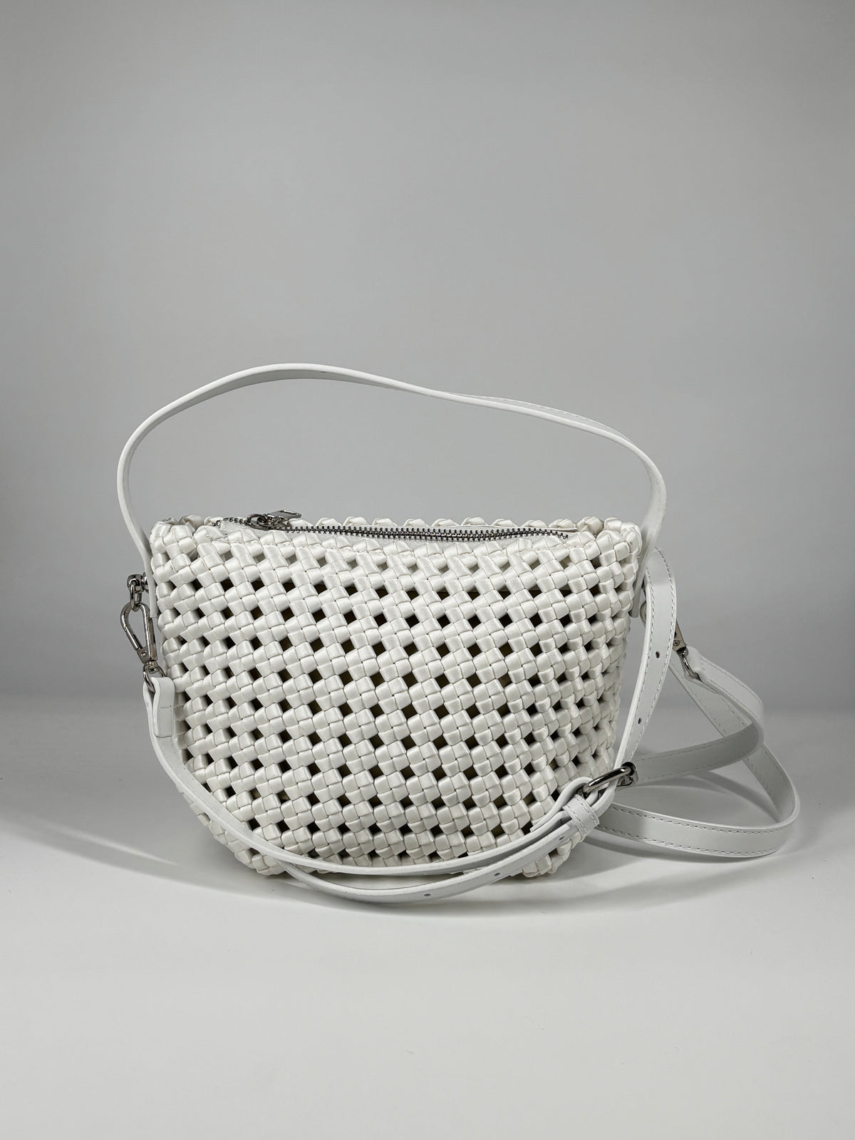Borsa a Secchiello in Intreccio Satin – Bianco