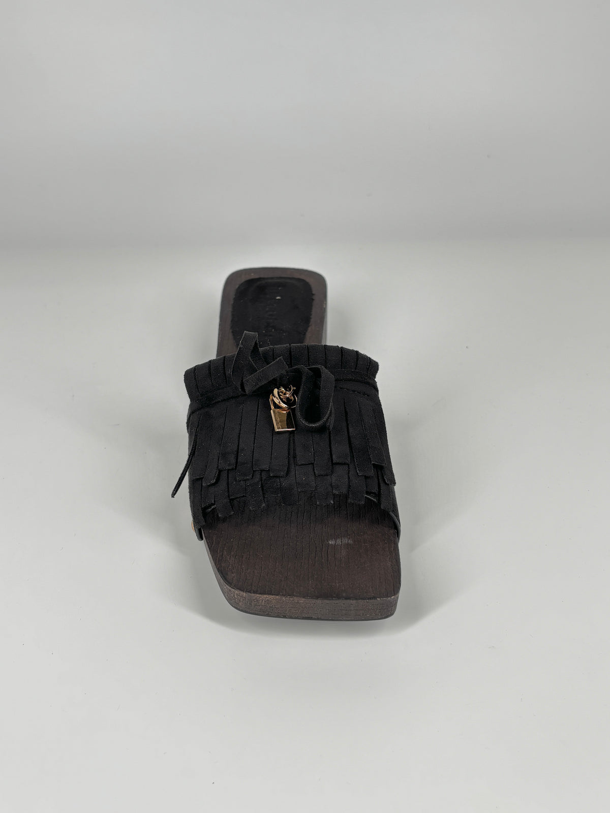 Sabot Flat in Legno con Frange - Nero