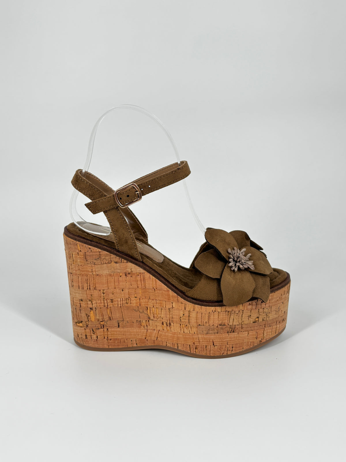 Sandalo con Zeppa in Sughero e Maxi Fiore –  Beige Scuro (Camel)