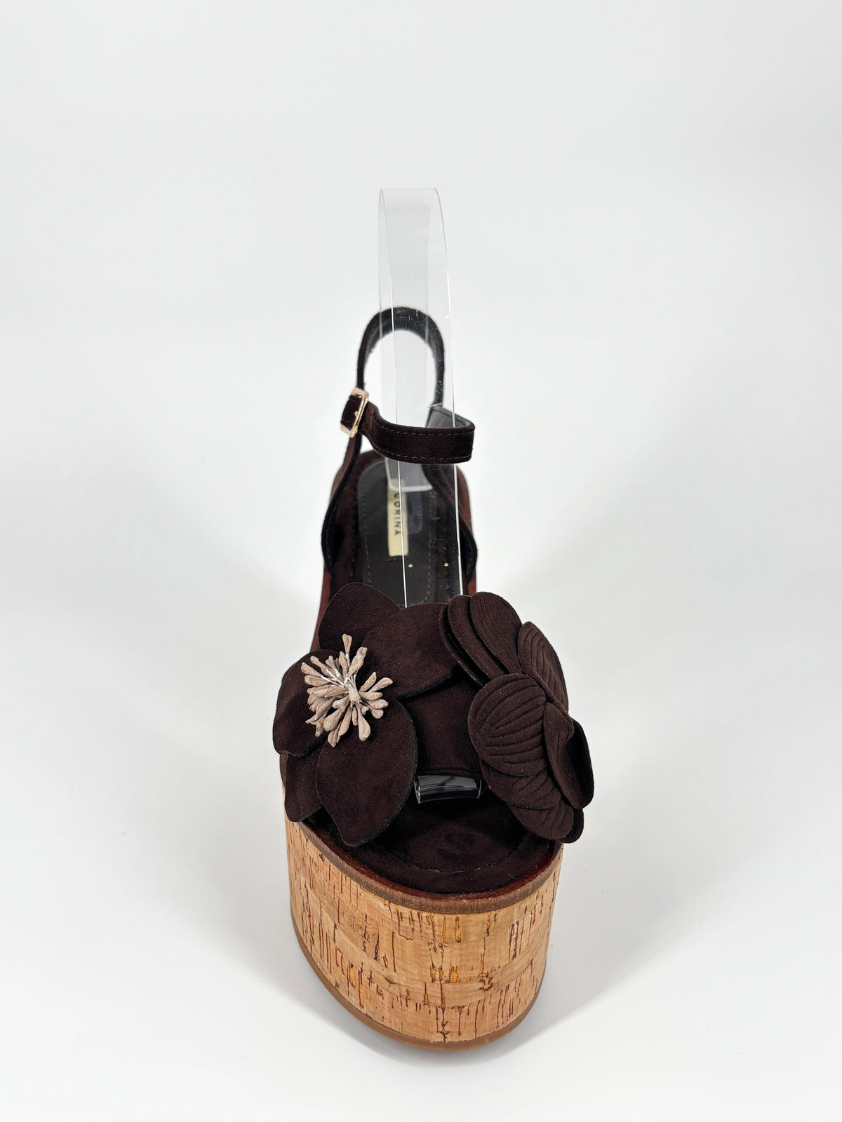 Sandalo con Zeppa in Sughero e Maxi Fiore –  Caffè