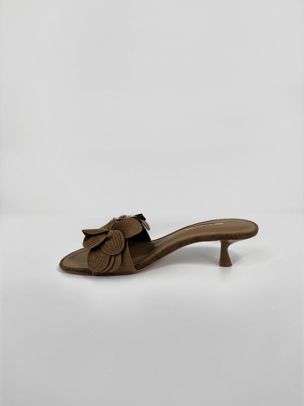 Sandalo Sabot con Applicazione Floreale - Camel
