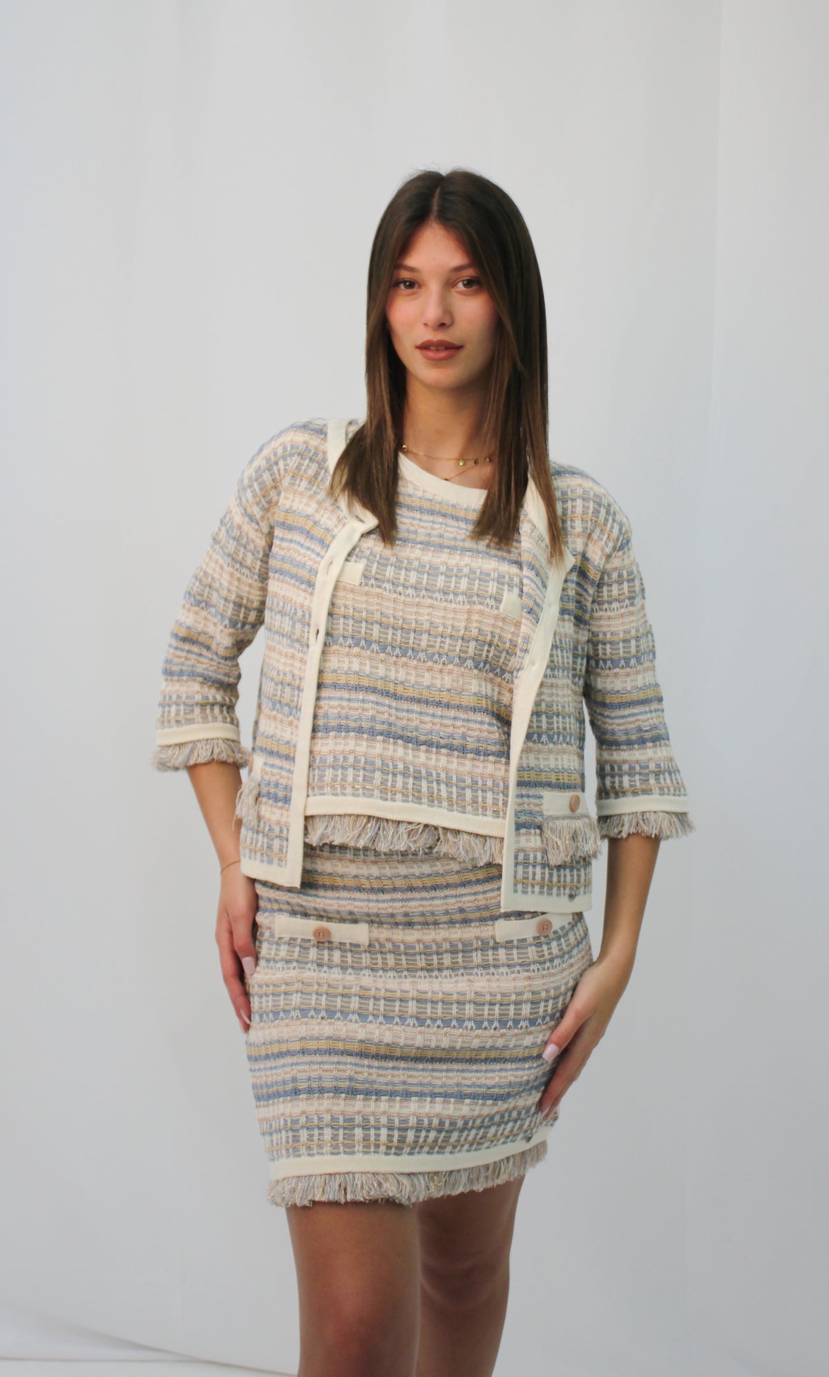 Gonna a Tubino Please in Tricot Lurex e Frange