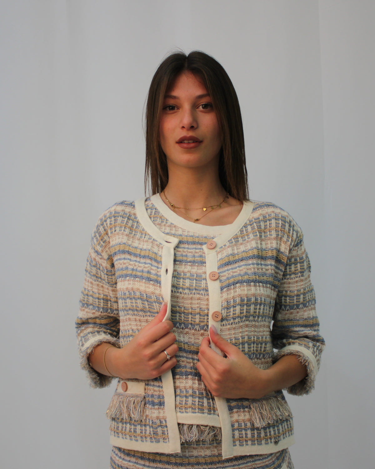Cardigan please Tricot Lamè con Finiture Frangia Glitter
