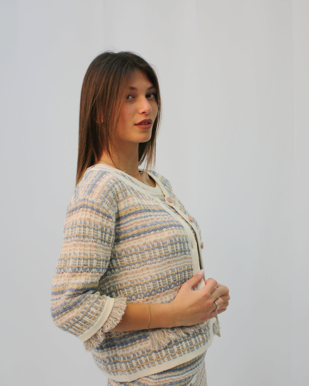 Cardigan please Tricot Lamè con Finiture Frangia Glitter