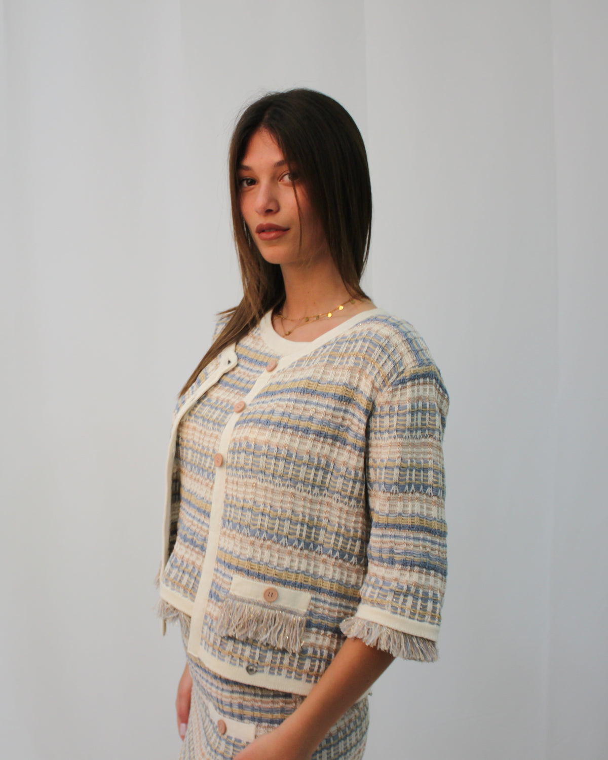 Cardigan please Tricot Lamè con Finiture Frangia Glitter