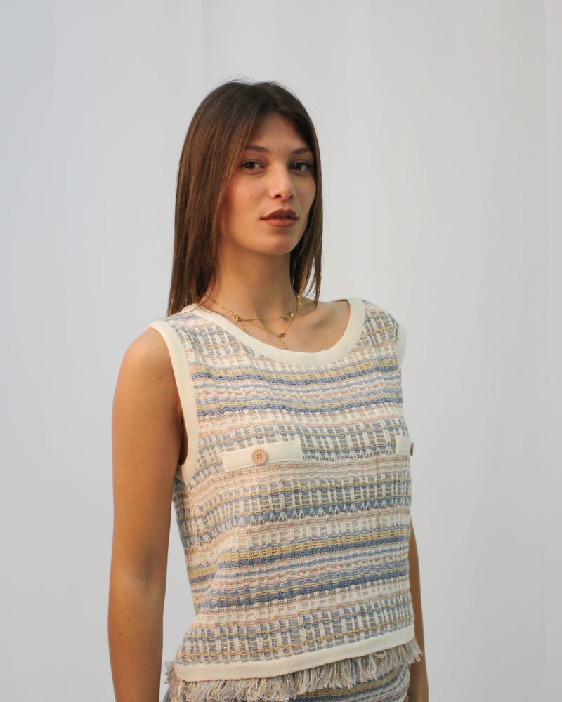Top Please in Maglia Tricot con Frange e Bottoni Gioiello