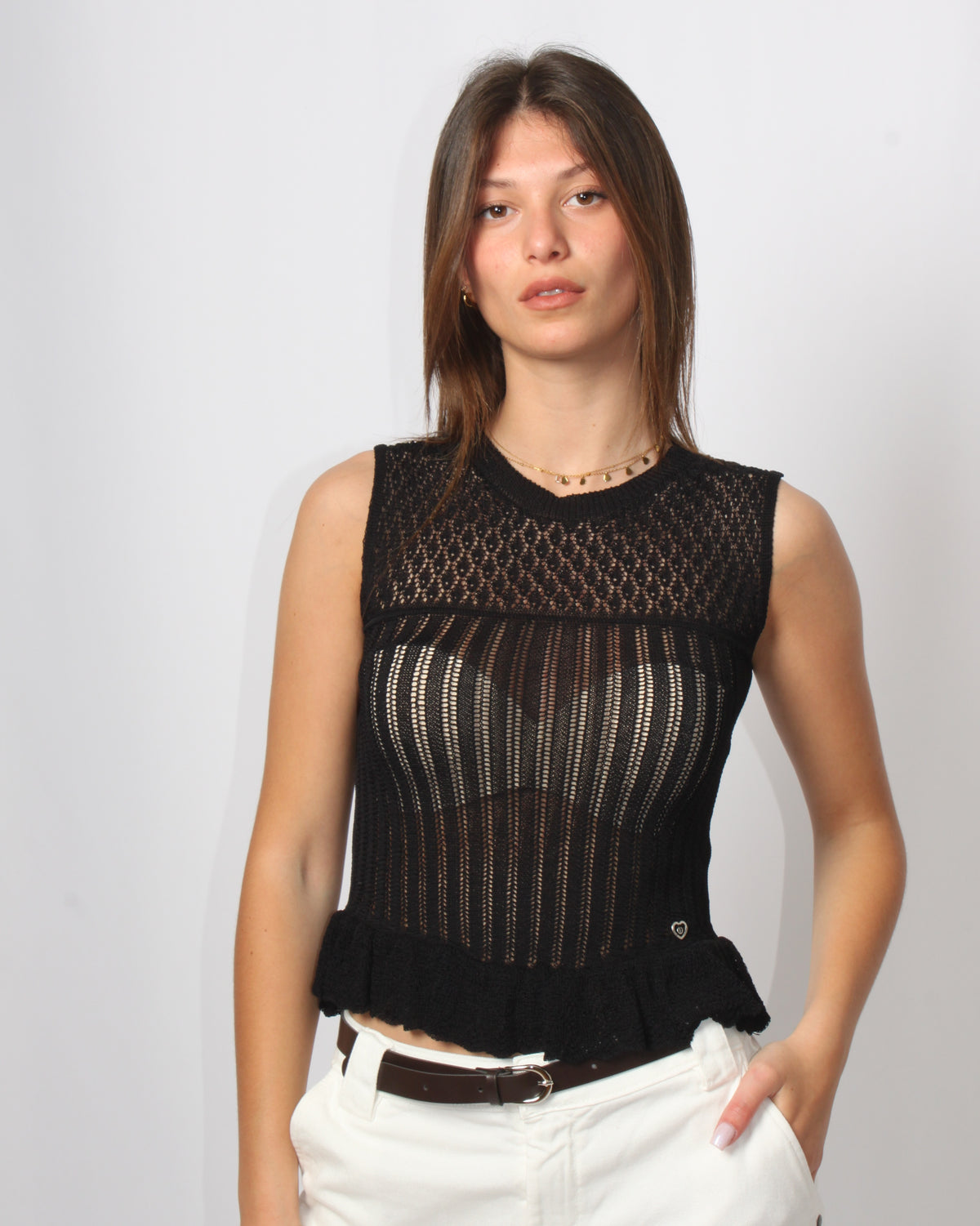 Top Please in Maglia Traforata con Volant - Nero
