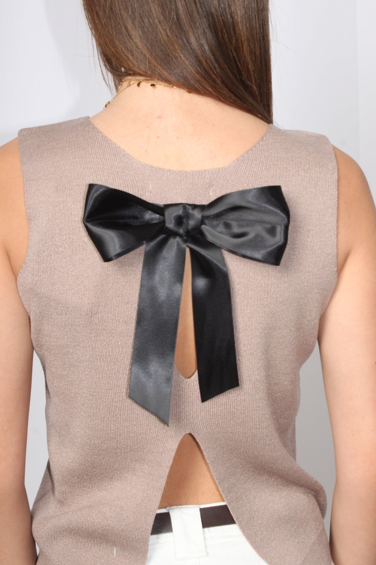Top in Maglia Please con Fiocco - Marrone