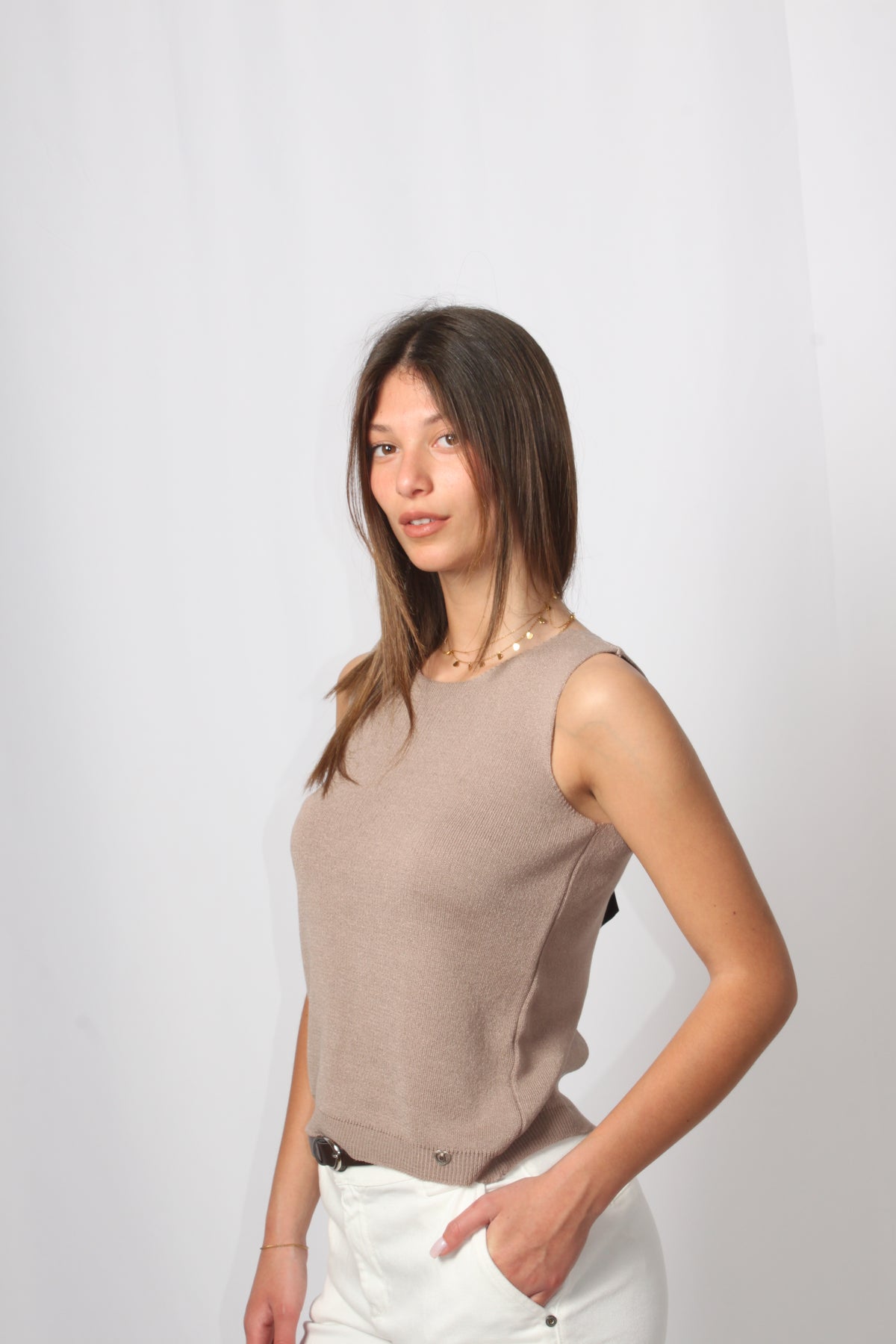 Top in Maglia Please con Fiocco - Marrone