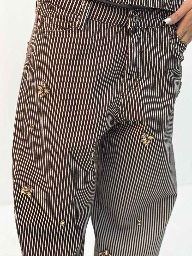 Pantalone Please a righe dettagli gioiello - Marrone