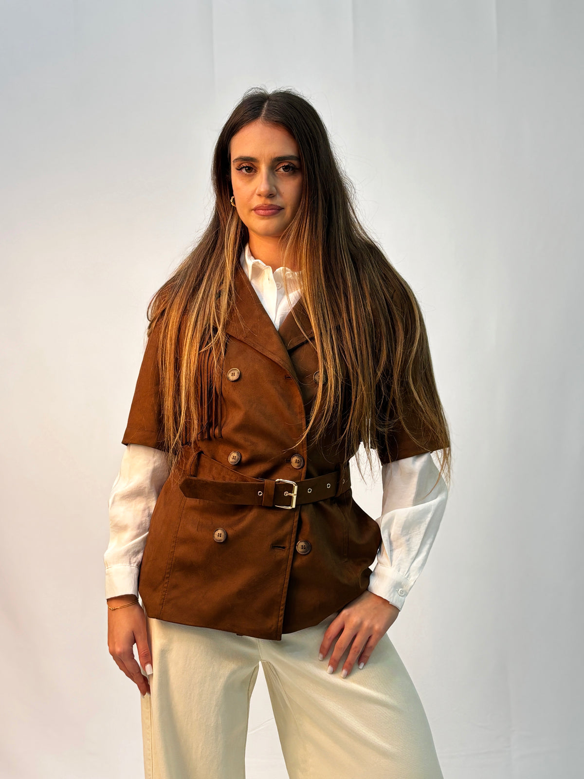 Gilet please Doppio Petto in Suede con Frange – Marrone