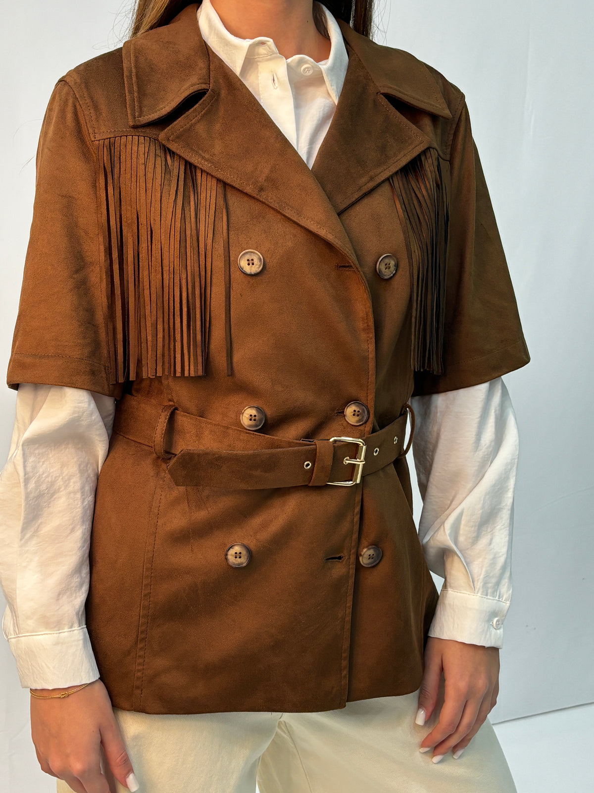 Gilet please Doppio Petto in Suede con Frange – Marrone