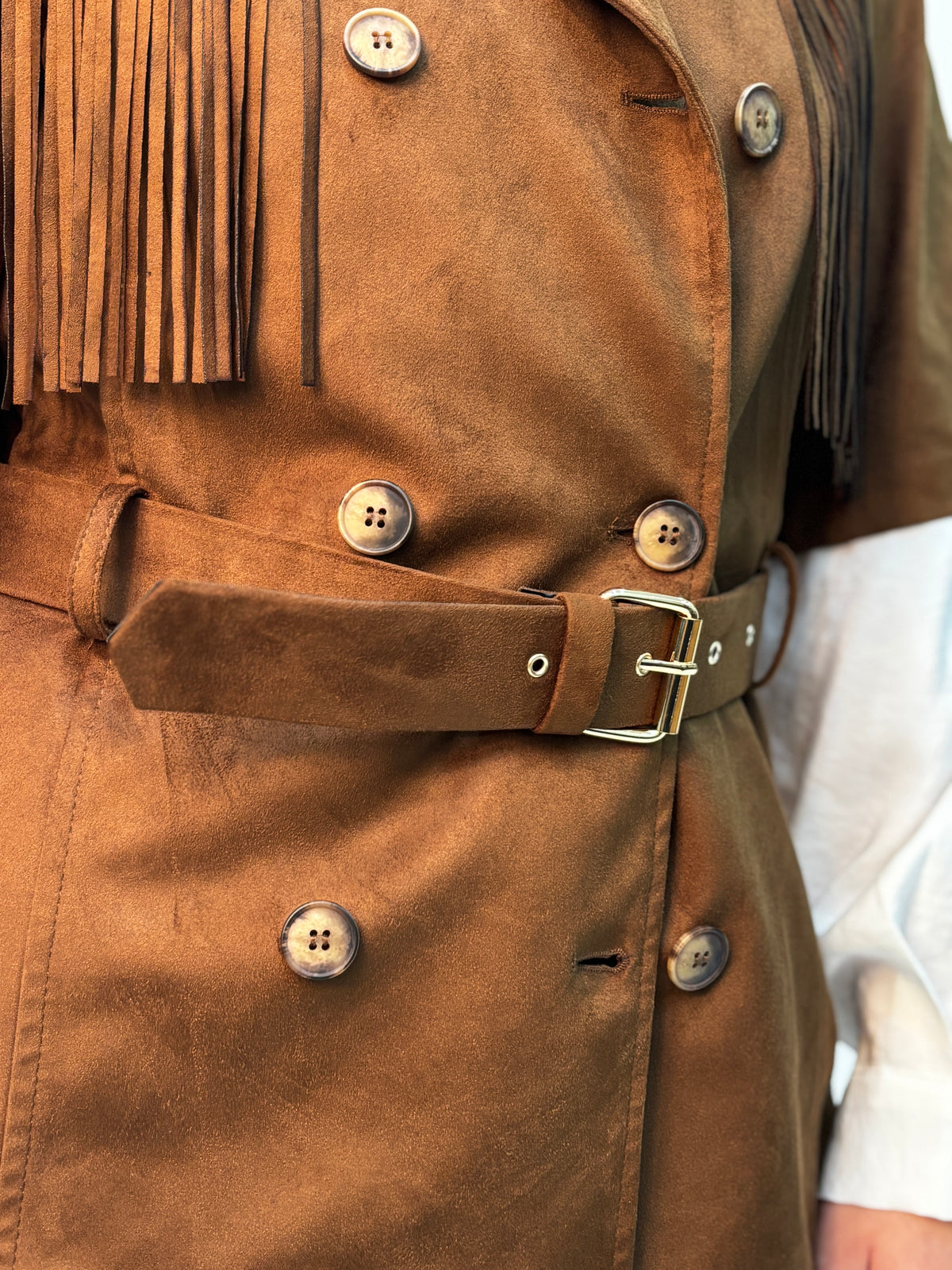 Gilet please Doppio Petto in Suede con Frange – Marrone