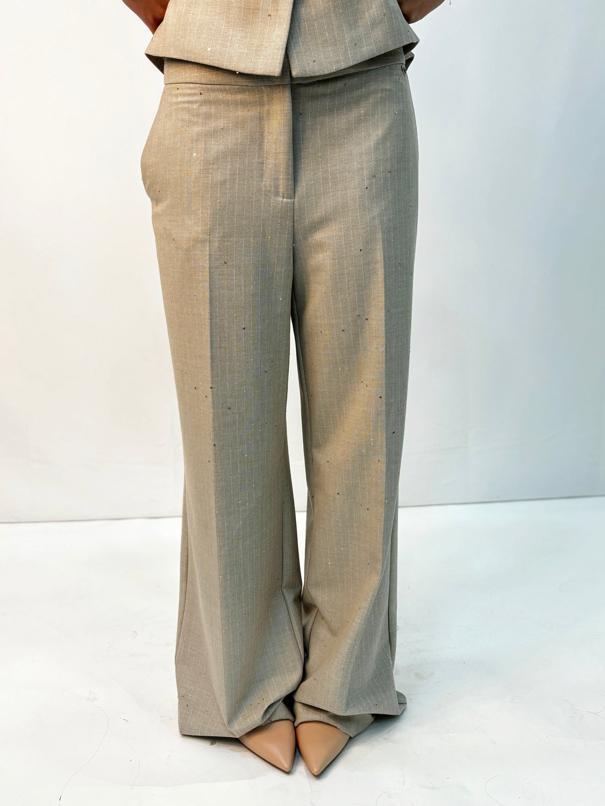 Pantalone a Palazzo Please Gessato con Paillettes - Begie
