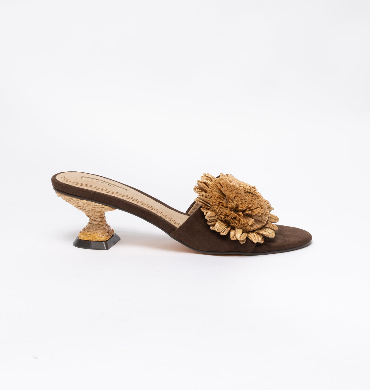 Sandalo scamosciato con fiore girasole di rafia intrecciato- Marrone