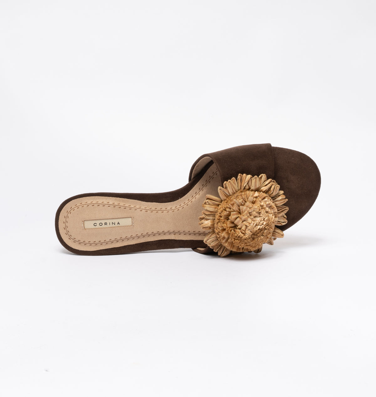 Sandalo scamosciato con fiore girasole di rafia intrecciato- Marrone
