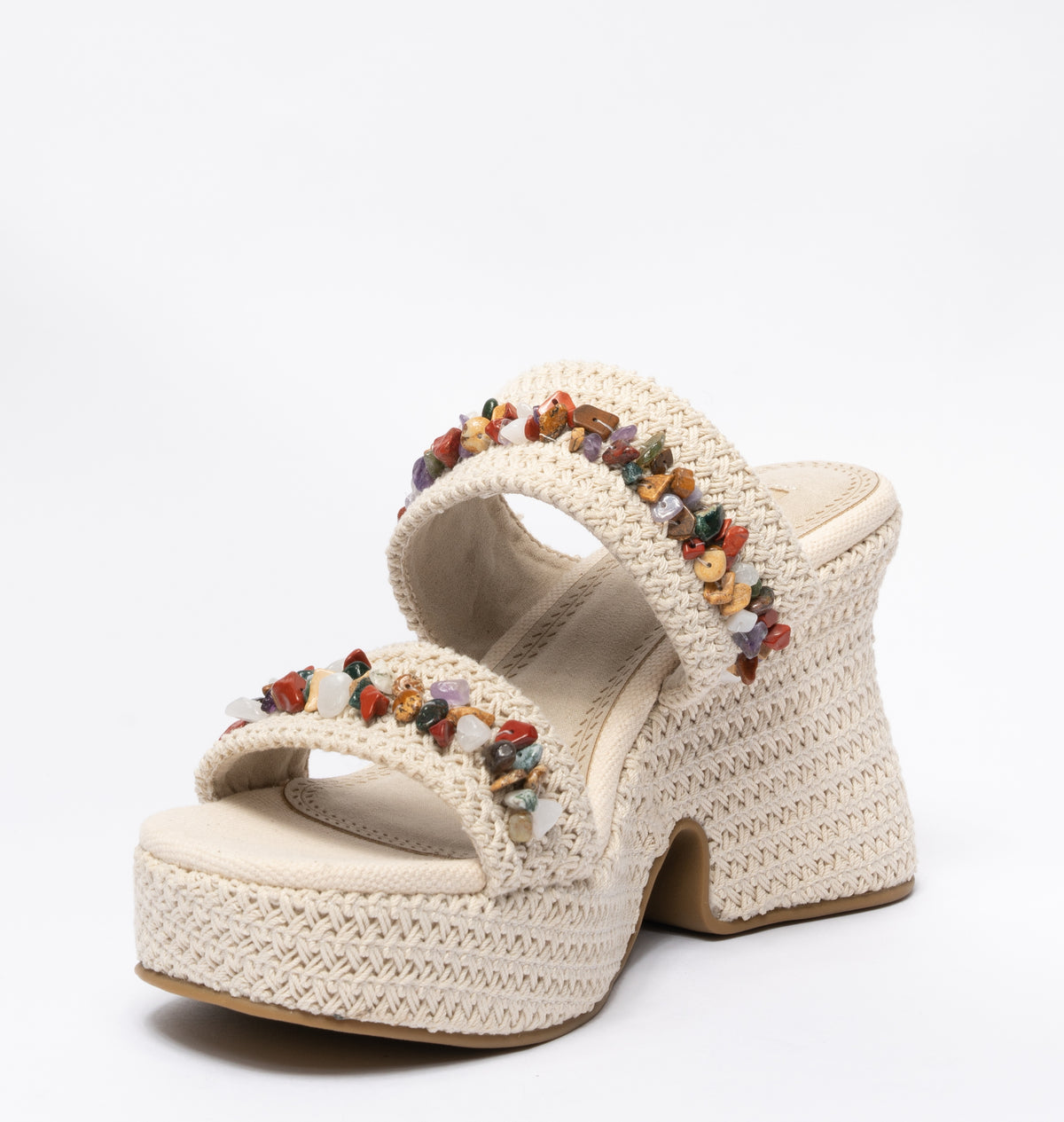 Sandali con Zeppa alta in corda con applicazioni di pietre colorate- Beige