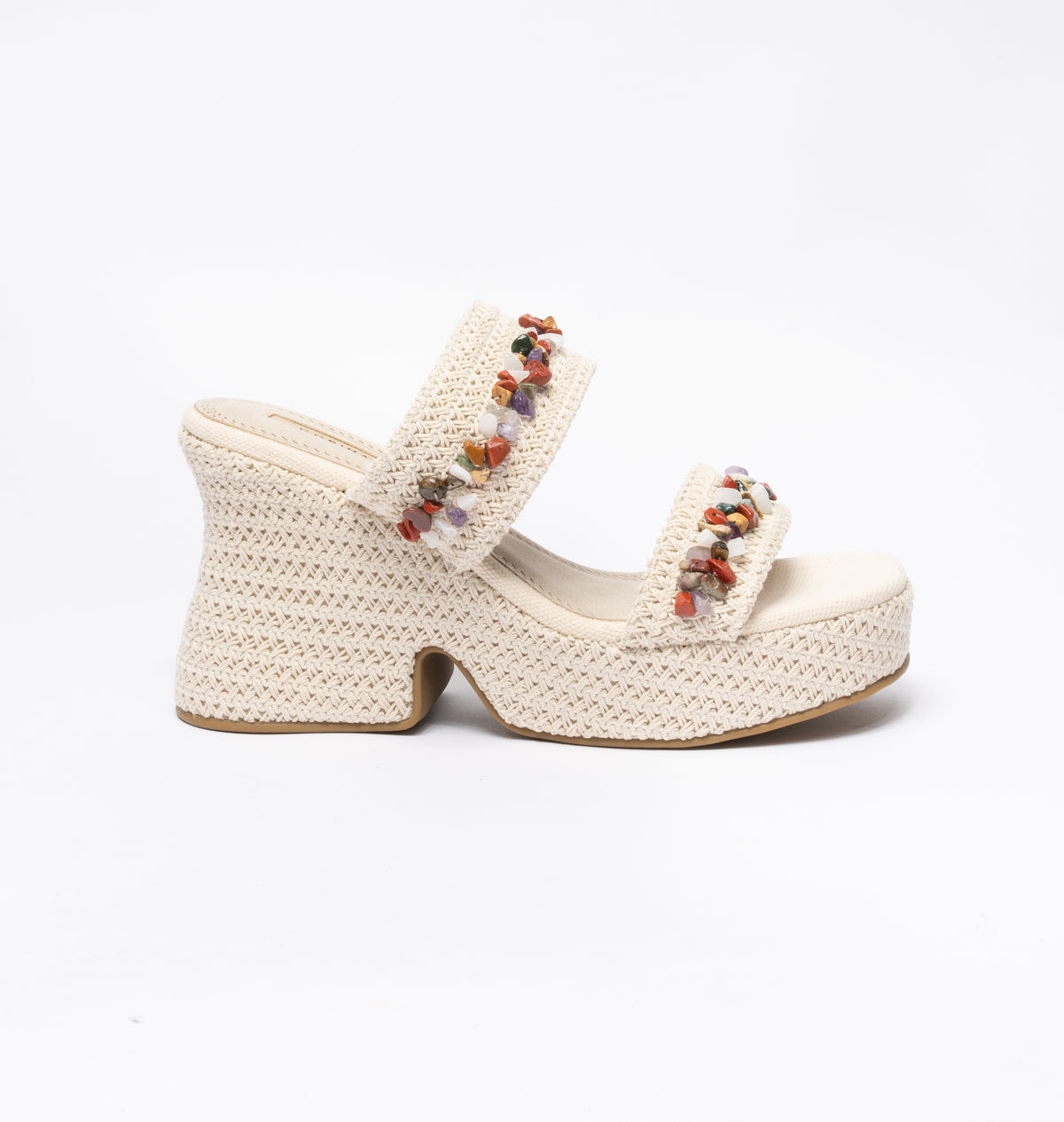 Sandali con Zeppa alta in corda con applicazioni di pietre colorate- Beige
