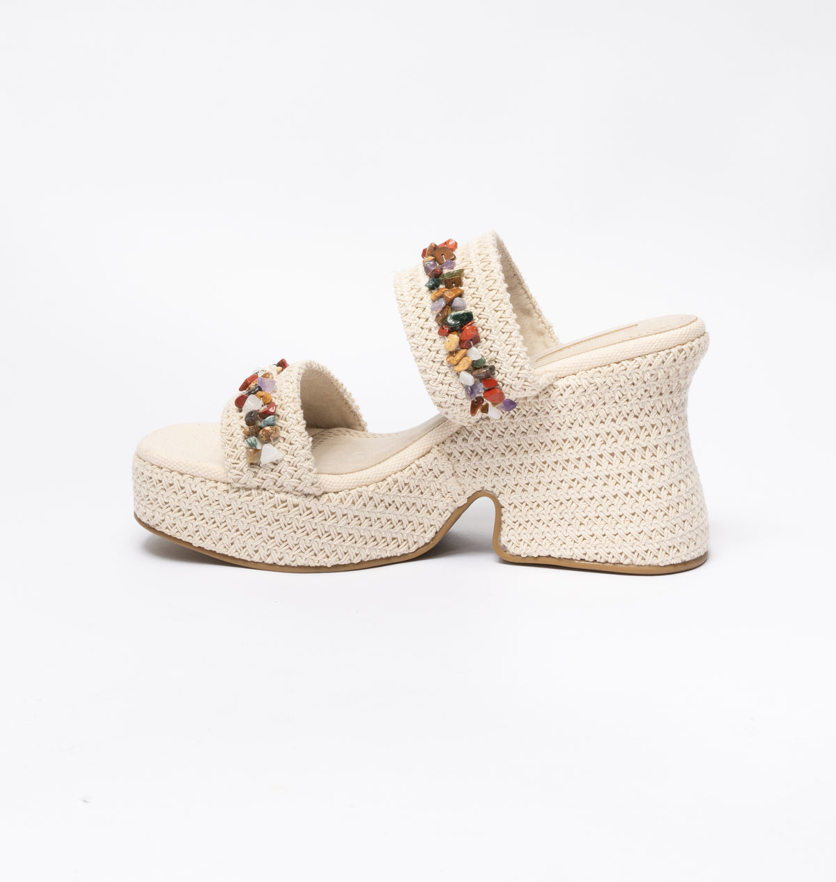 Sandali con Zeppa alta in corda con applicazioni di pietre colorate- Beige