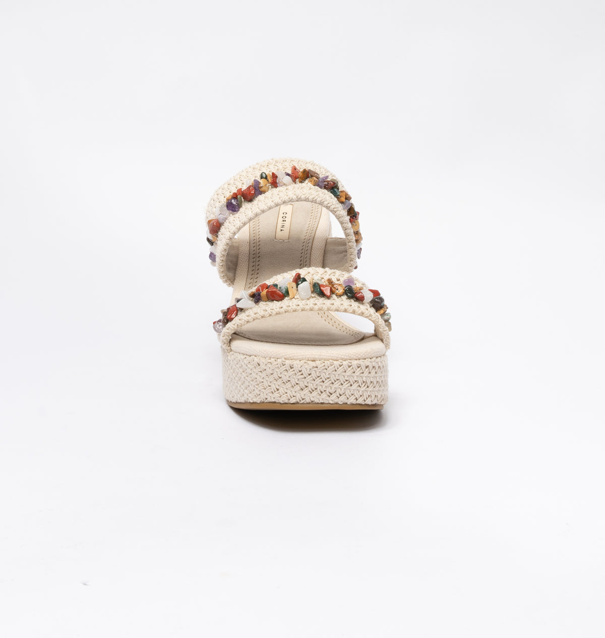 Sandali con Zeppa alta in corda con applicazioni di pietre colorate- Beige