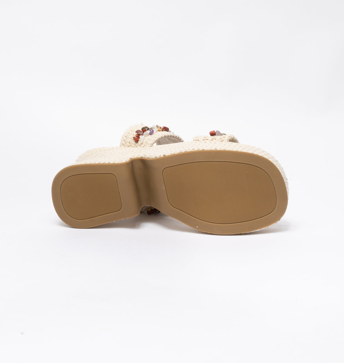 Sandali con Zeppa alta in corda con applicazioni di pietre colorate- Beige