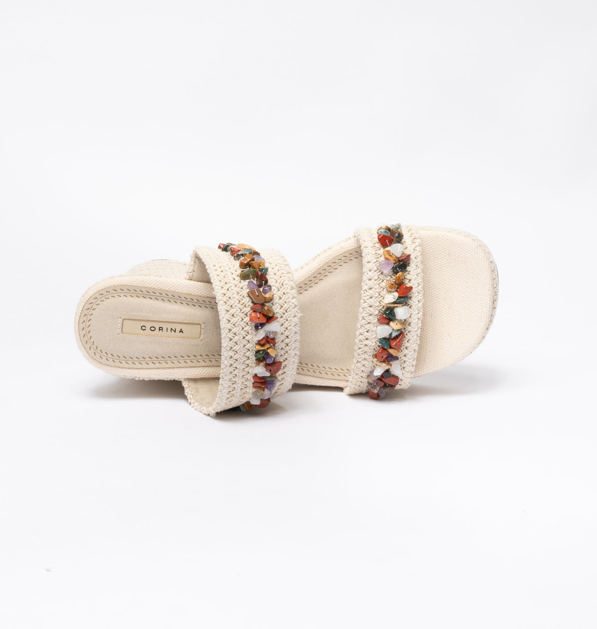 Sandali con Zeppa alta in corda con applicazioni di pietre colorate- Beige