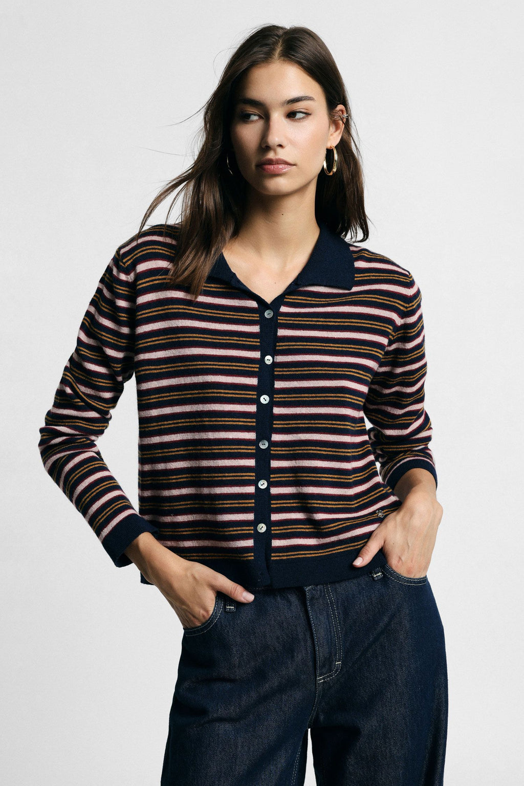 Cardigan a righe con bottoni e colletto polo - Blu/rosa