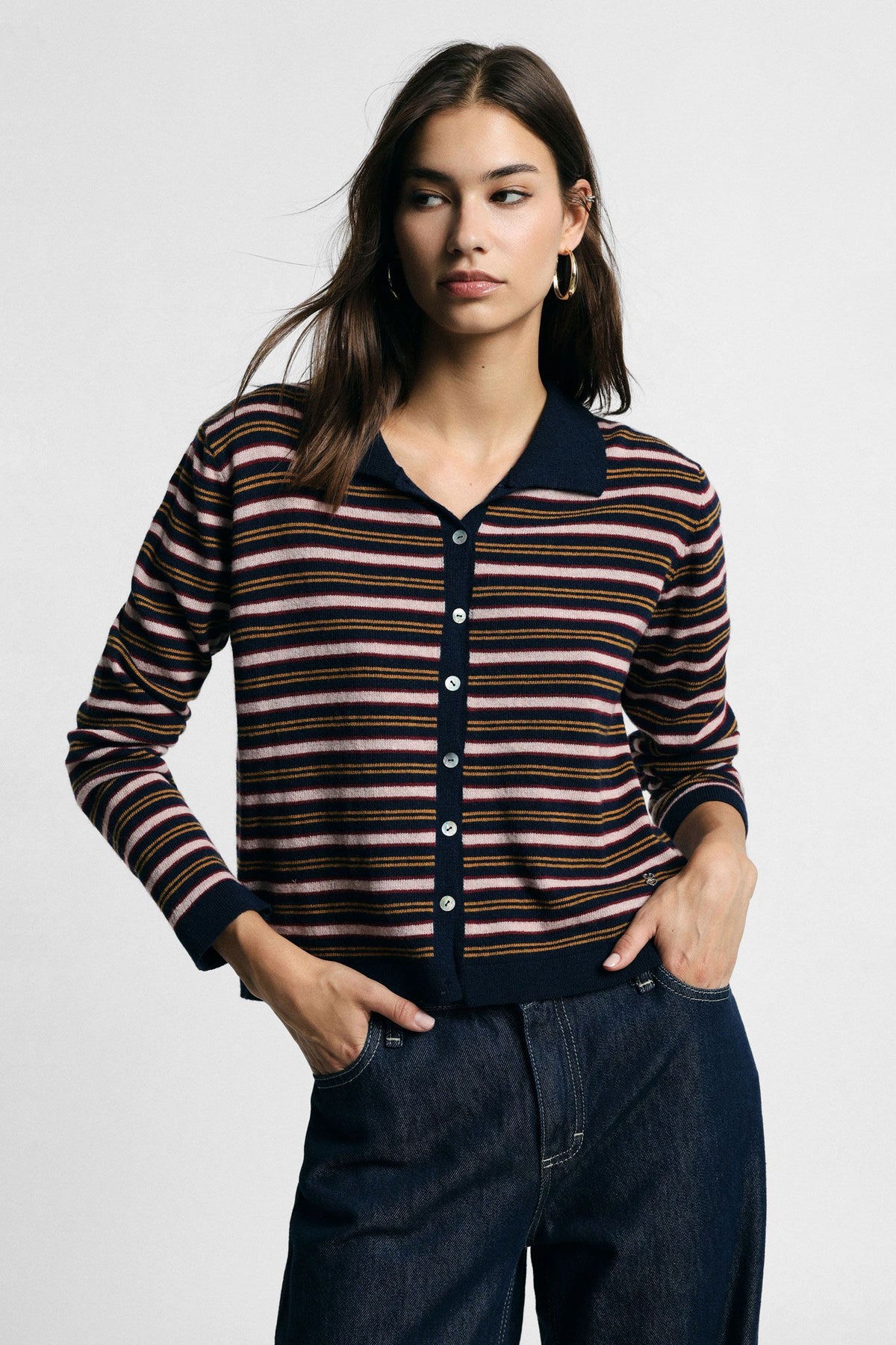 Cardigan a righe con bottoni e colletto polo - Blu/rosa