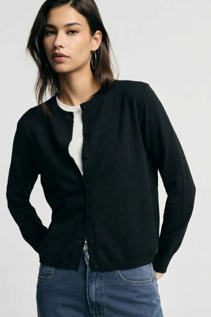 Cardigan girocollo con maniche lunghe e bottoni - Nero