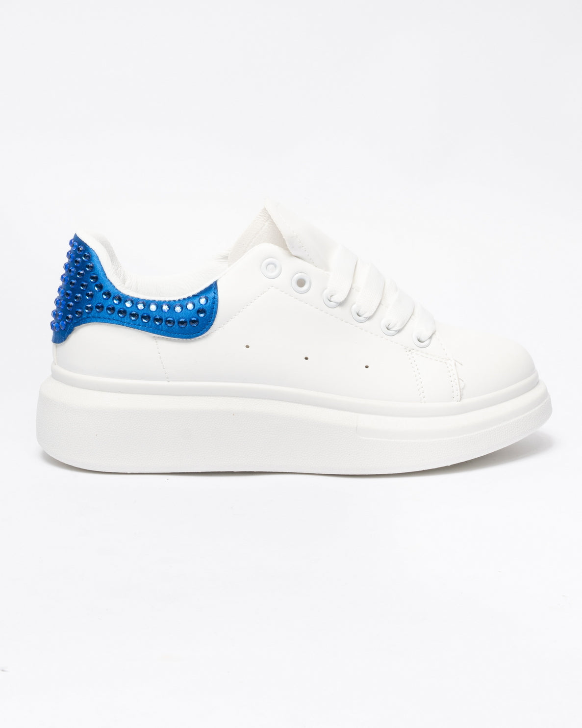 Sneakers punta tonda in ecopelle bianca tallone con strass blue-Bianco