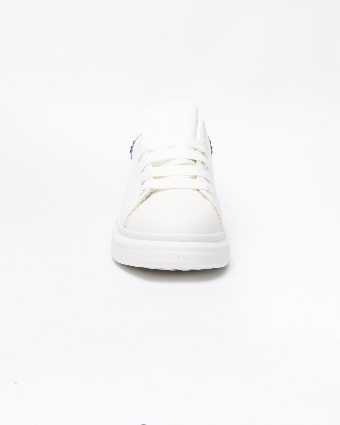 Sneakers punta tonda in ecopelle bianca tallone con strass blue-Bianco
