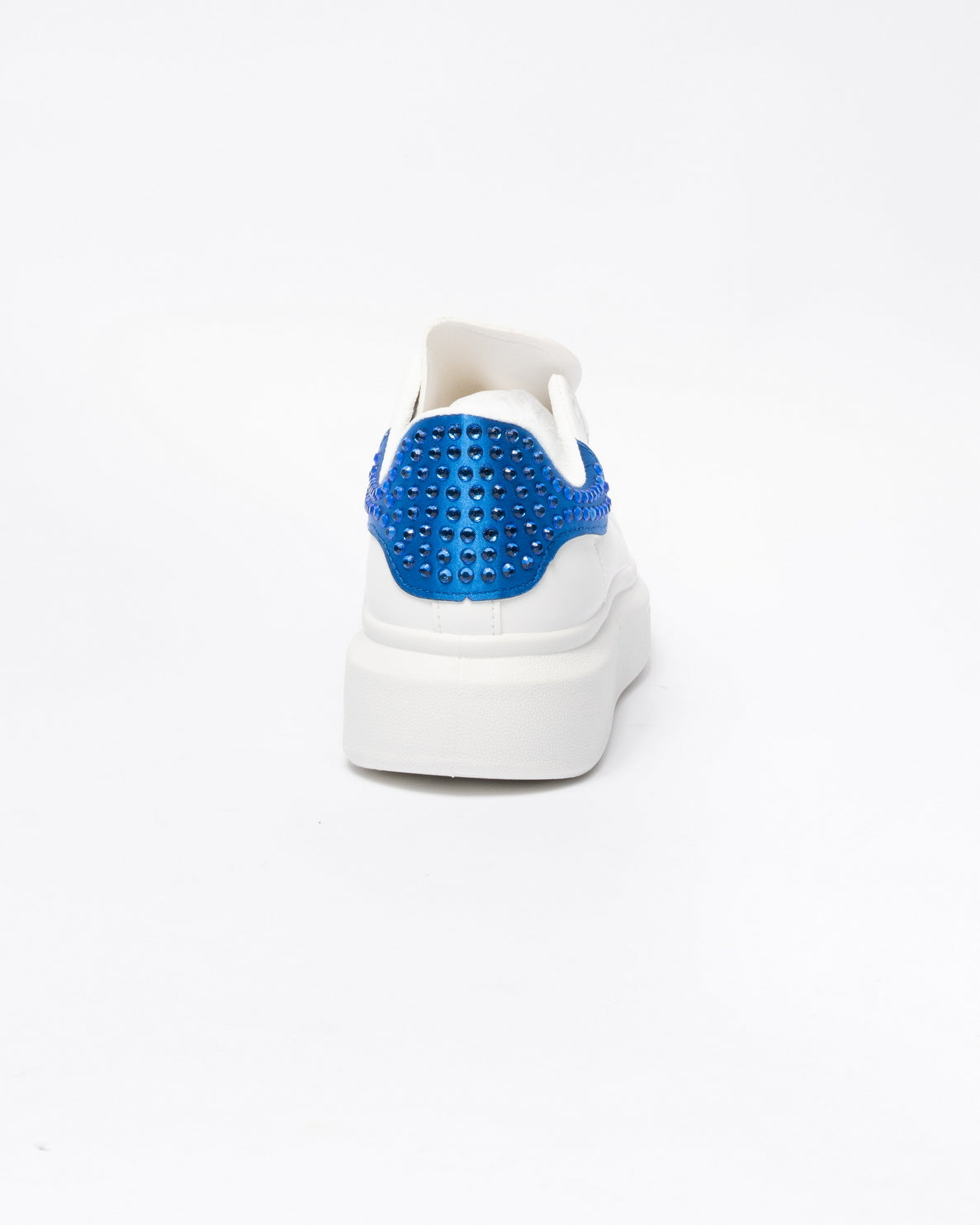 Sneakers punta tonda in ecopelle bianca tallone con strass blue-Bianco