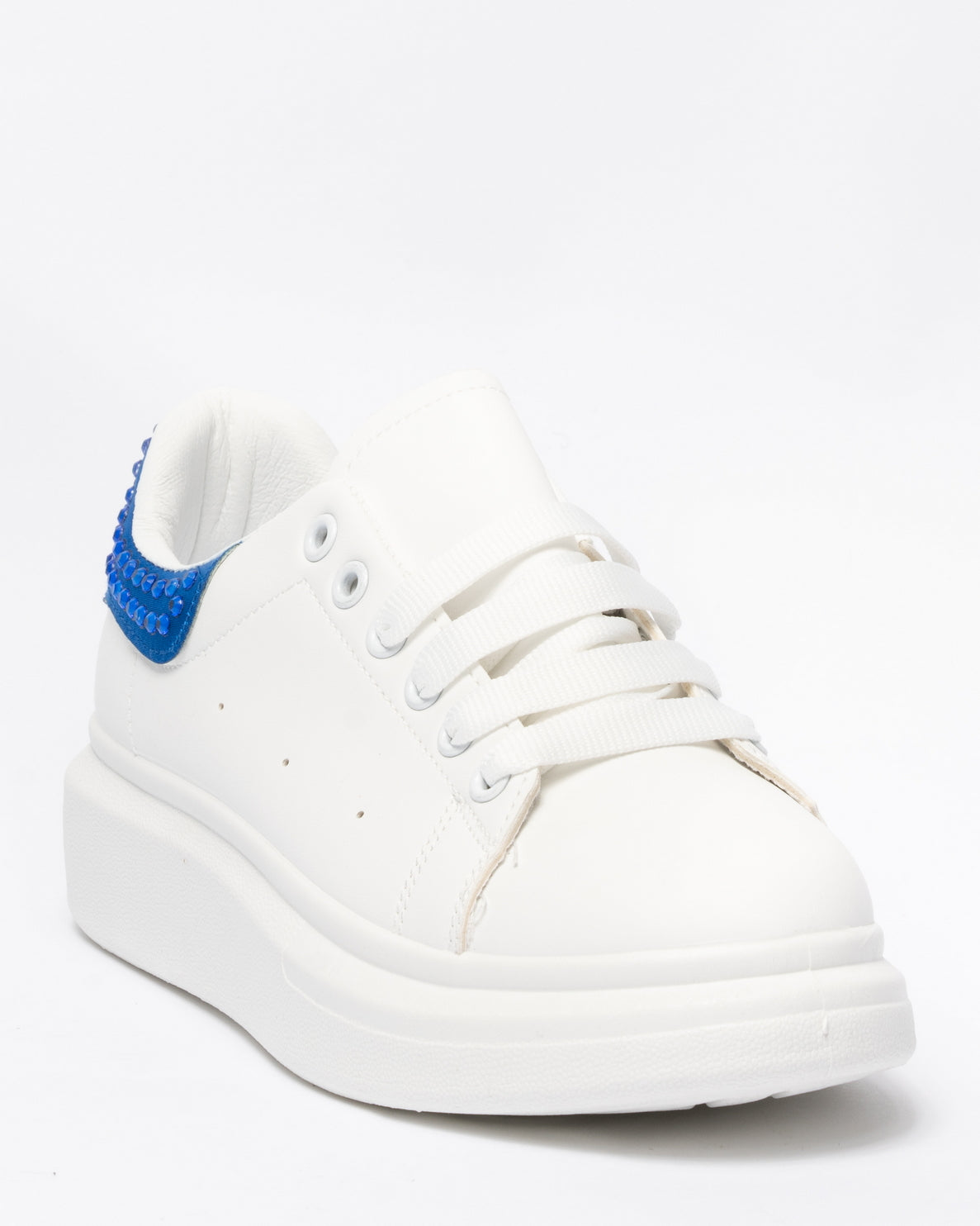 Sneakers punta tonda in ecopelle bianca tallone con strass blue-Bianco