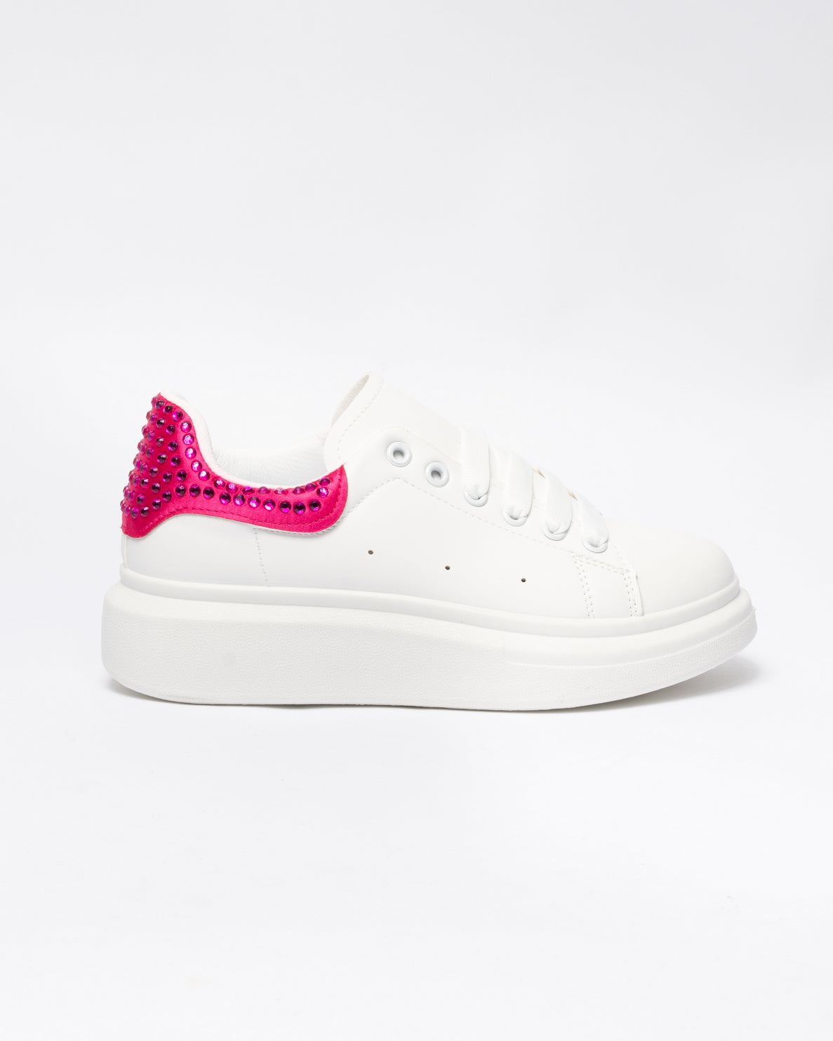 Sneakers punta tonda in ecopelle bianca tallone con strass Fucsia- Bianco