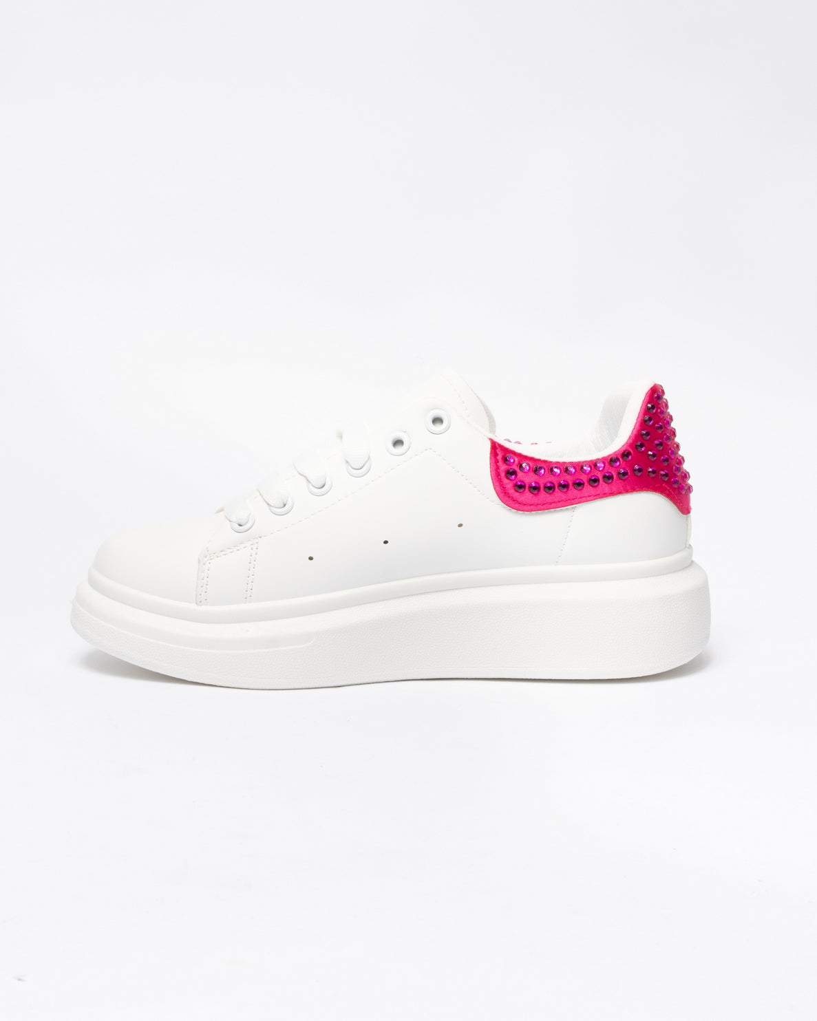 Sneakers punta tonda in ecopelle bianca tallone con strass Fucsia- Bianco