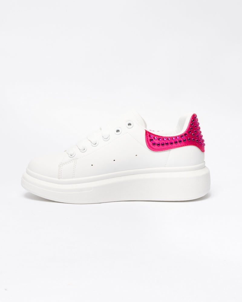 Sneakers punta tonda in ecopelle bianca tallone con strass Fucsia- Bianco