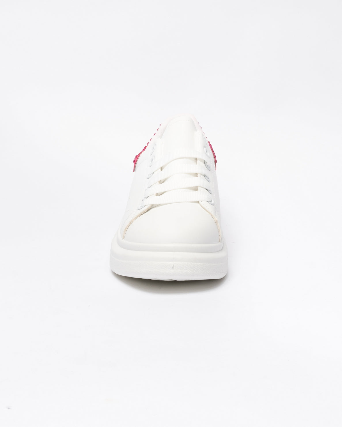 Sneakers punta tonda in ecopelle bianca tallone con strass Fucsia- Bianco