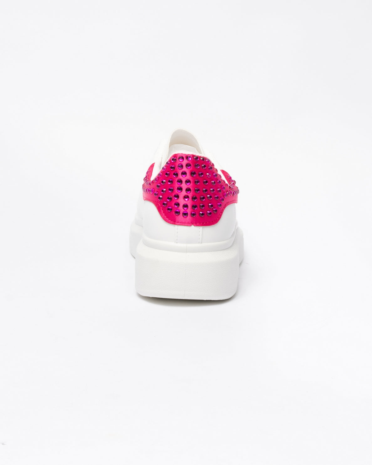 Sneakers punta tonda in ecopelle bianca tallone con strass Fucsia- Bianco