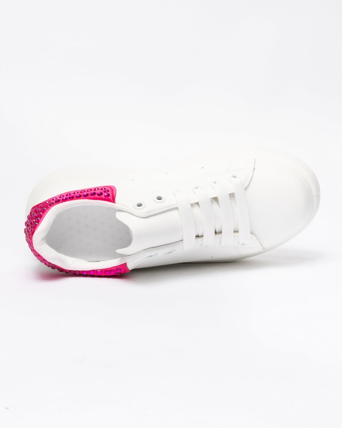 Sneakers punta tonda in ecopelle bianca tallone con strass Fucsia- Bianco