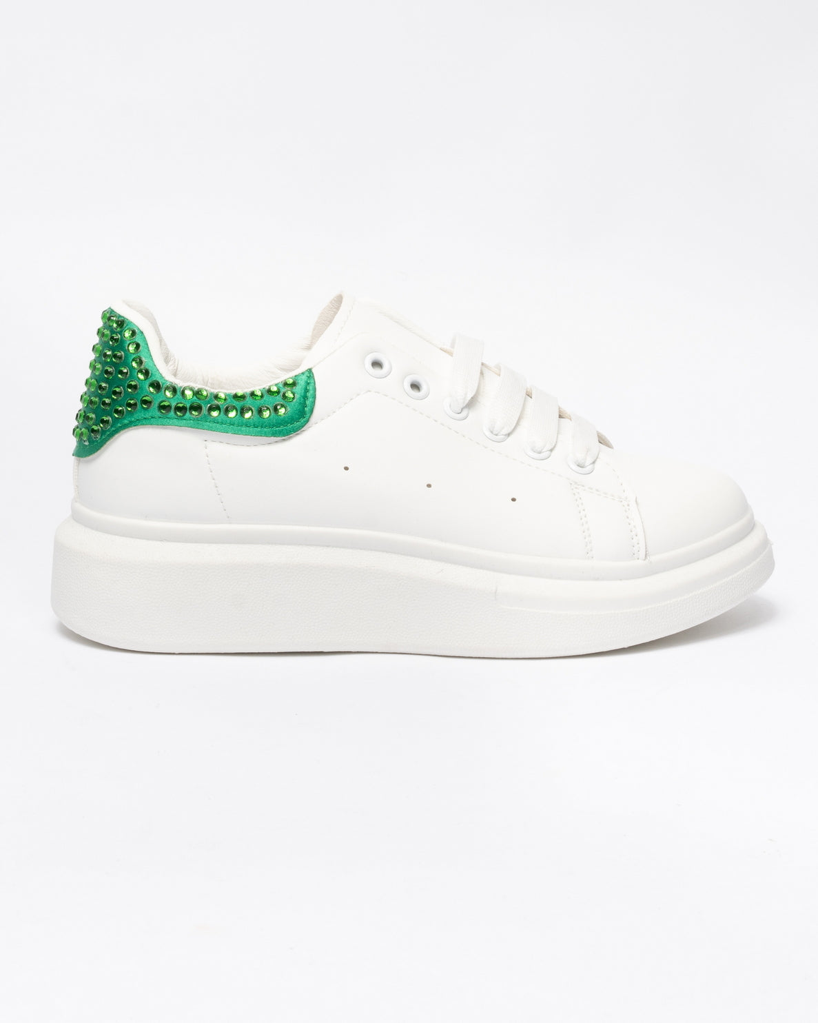 Sneakers punta tonda in ecopelle bianca tallone con strass Verde- Bianco