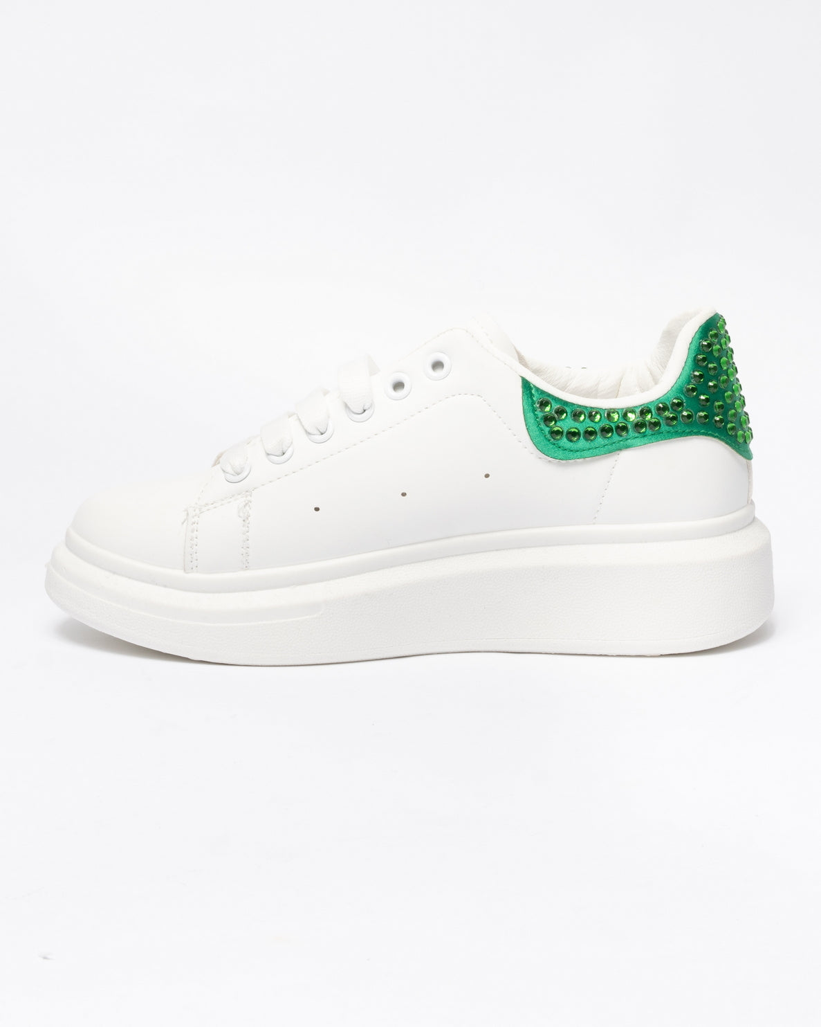 Sneakers punta tonda in ecopelle bianca tallone con strass Verde- Bianco