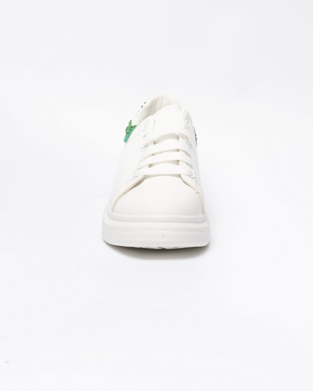 Sneakers punta tonda in ecopelle bianca tallone con strass Verde- Bianco