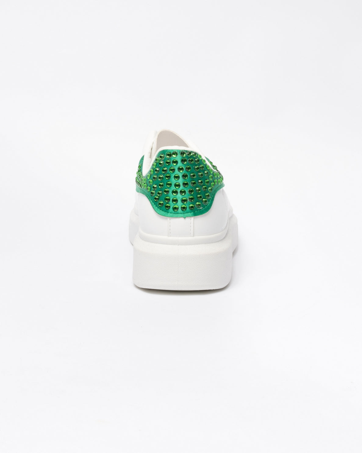 Sneakers punta tonda in ecopelle bianca tallone con strass Verde- Bianco