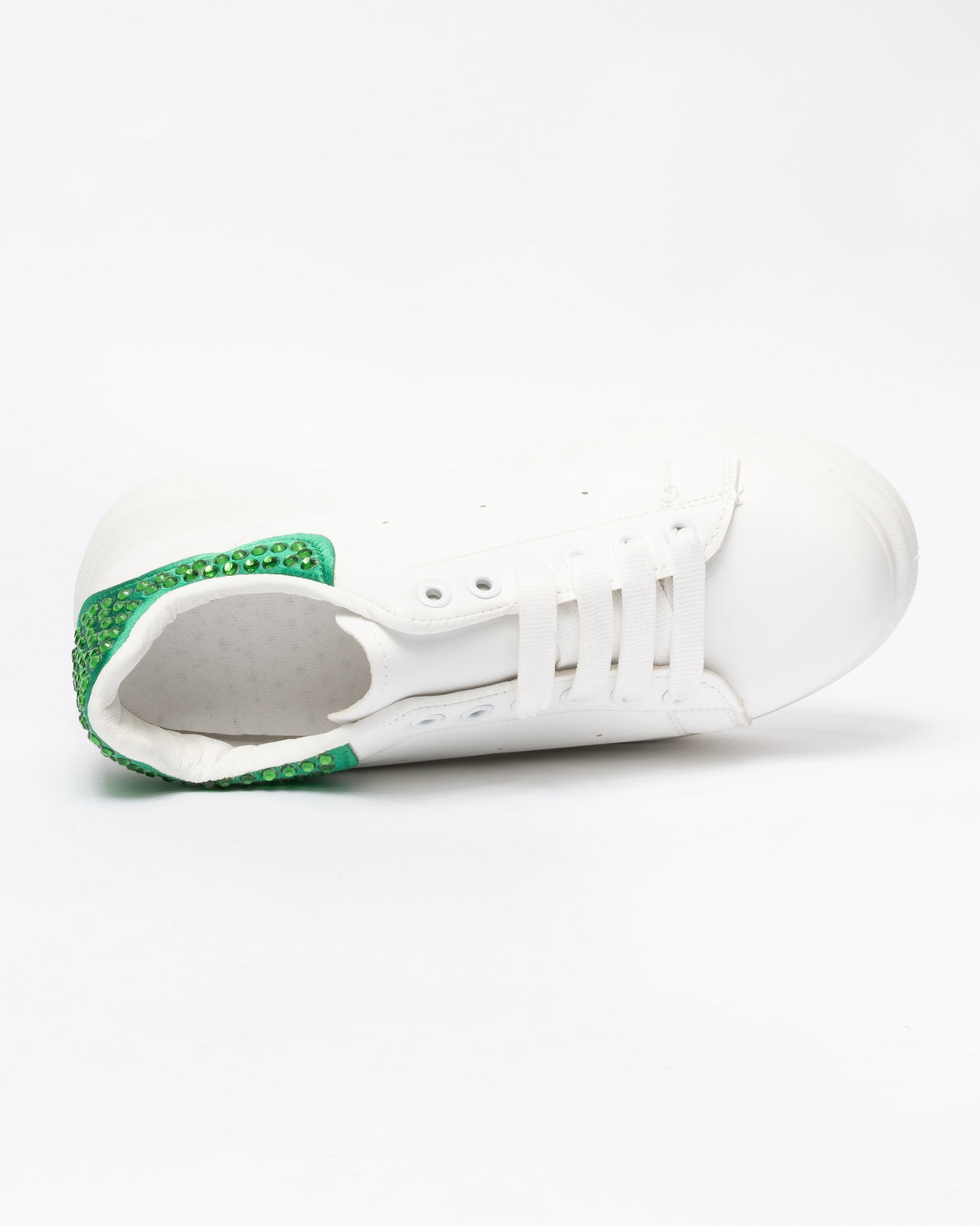 Sneakers punta tonda in ecopelle bianca tallone con strass Verde- Bianco