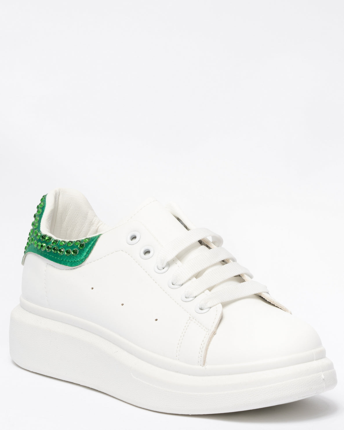 Sneakers punta tonda in ecopelle bianca tallone con strass Verde- Bianco