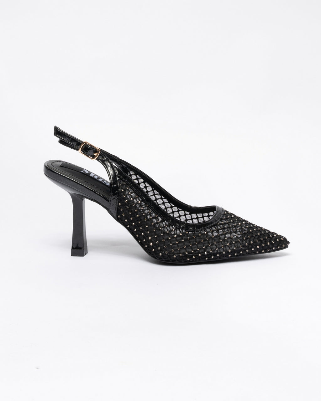Decolleté a punta con strass-Nero