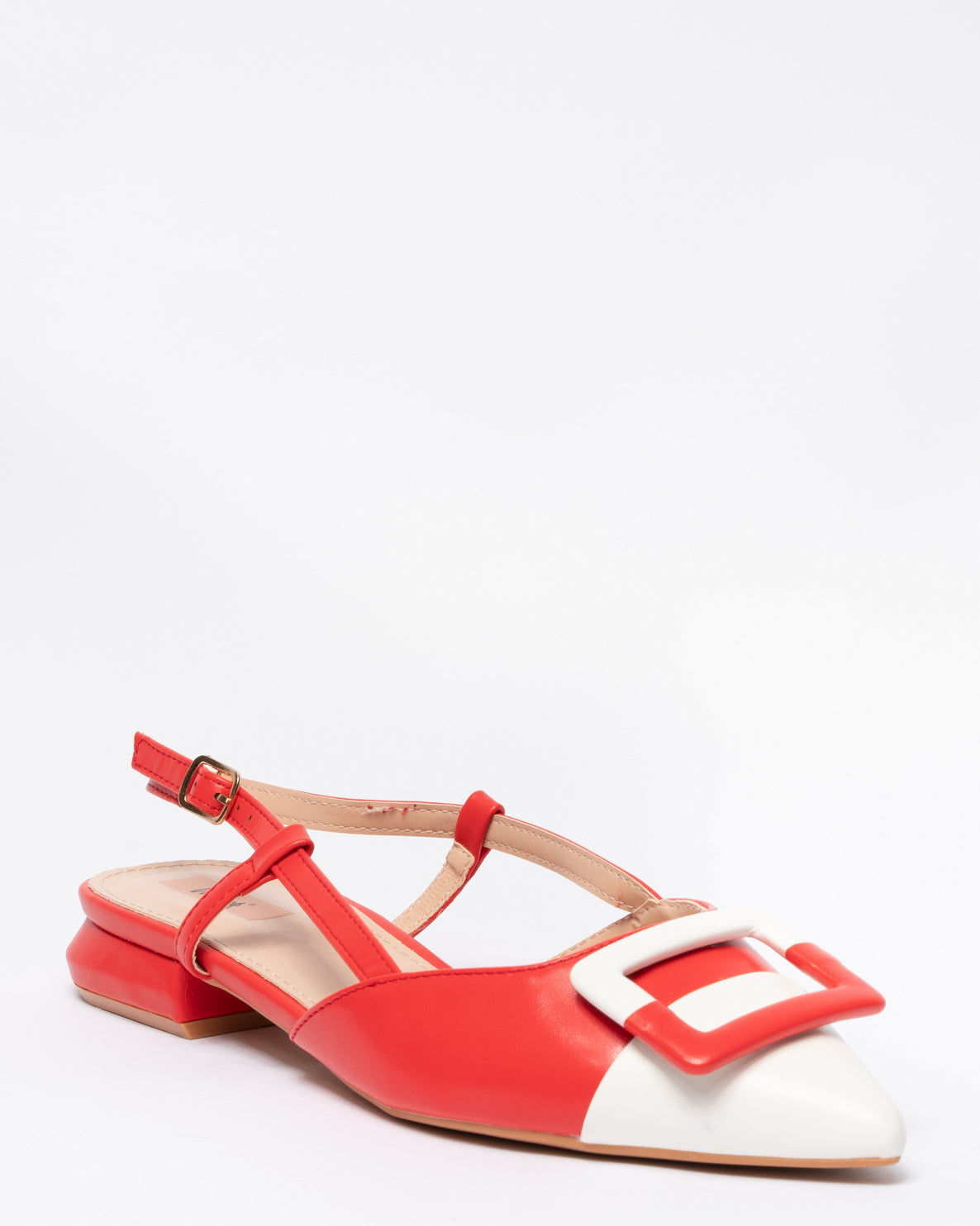 Ballerina slingback bassa in ecopelle con fibbia quadrata - Bianco e Rosso