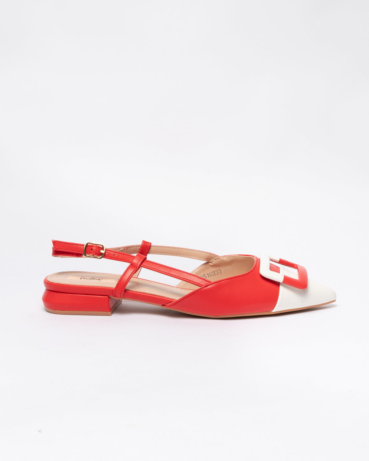 Ballerina slingback bassa in ecopelle con fibbia quadrata - Bianco e Rosso